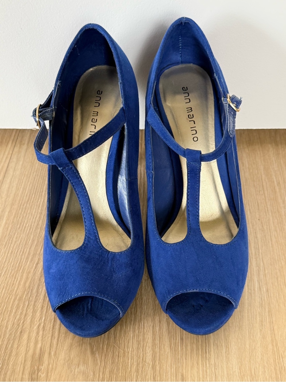 Ann Marino Royal Blue Suede T‑Strap Peep Toe Heels